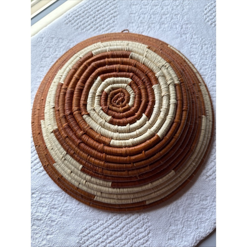 Hand Woven African Coiled Basket Bowl Wall Art Decor Brown Cream 10.75" D EUC - Picture 2 of 8
